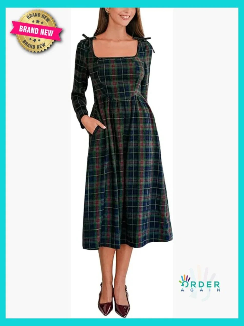 Square Neck Midi Dress Long Sleeve Smocked Waist Bow Knots Plaid Pattern Fall